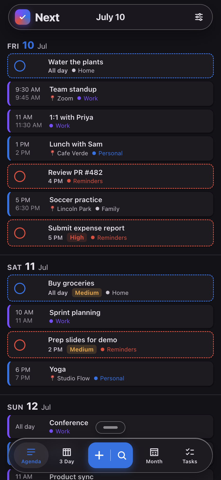 Next on iPhone — agenda in dark mode
