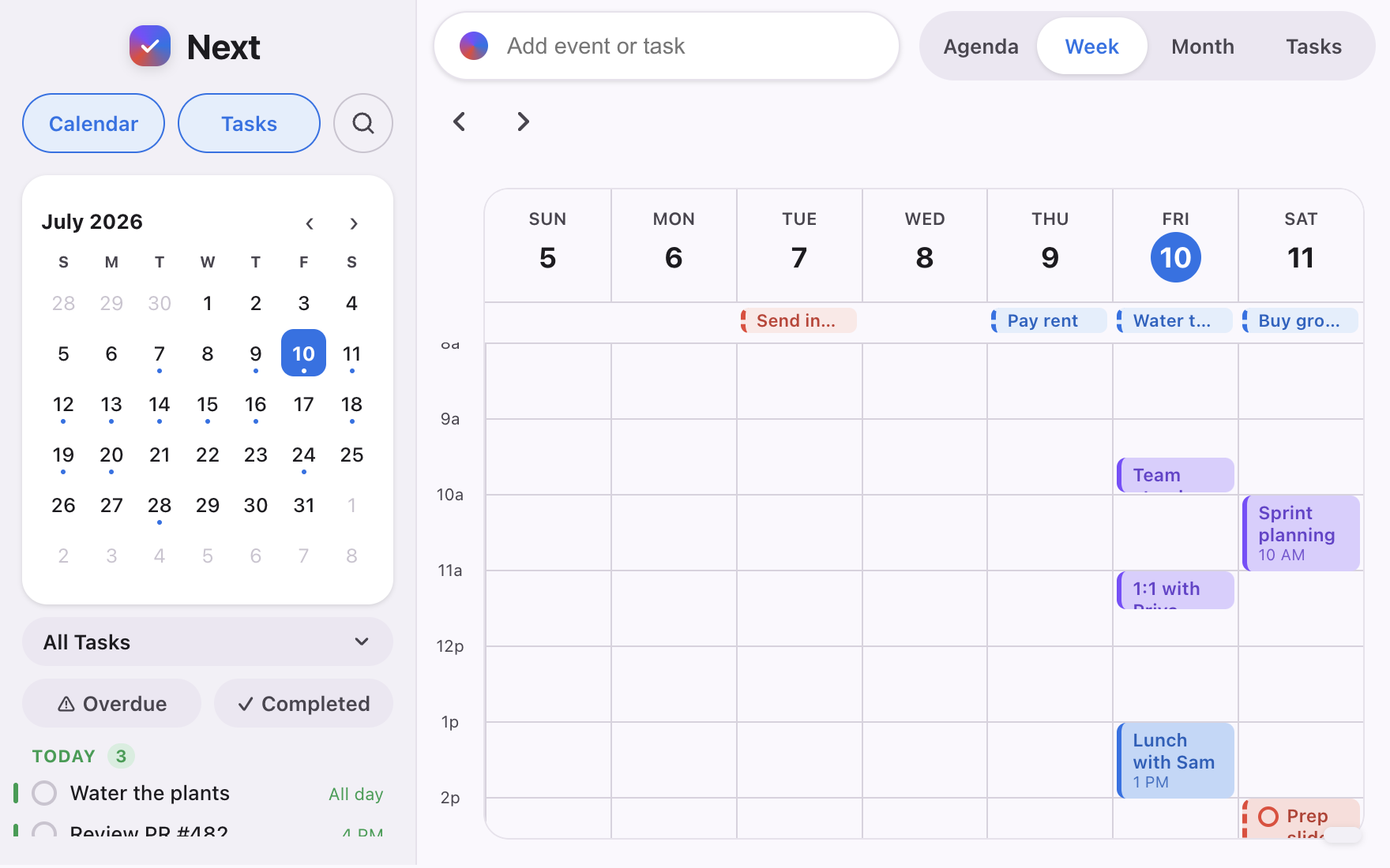 Next's week view on a clean time grid